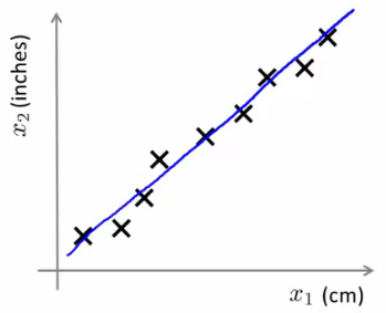 Plot of 2D data with redundant features showing reduction to 1D