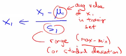 Mean normalization formula for feature scaling